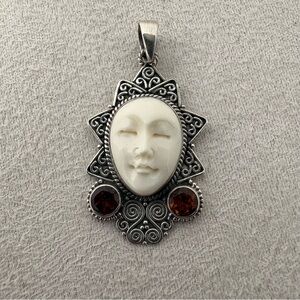 Sterling Silver Bali bone carved Face Pendant